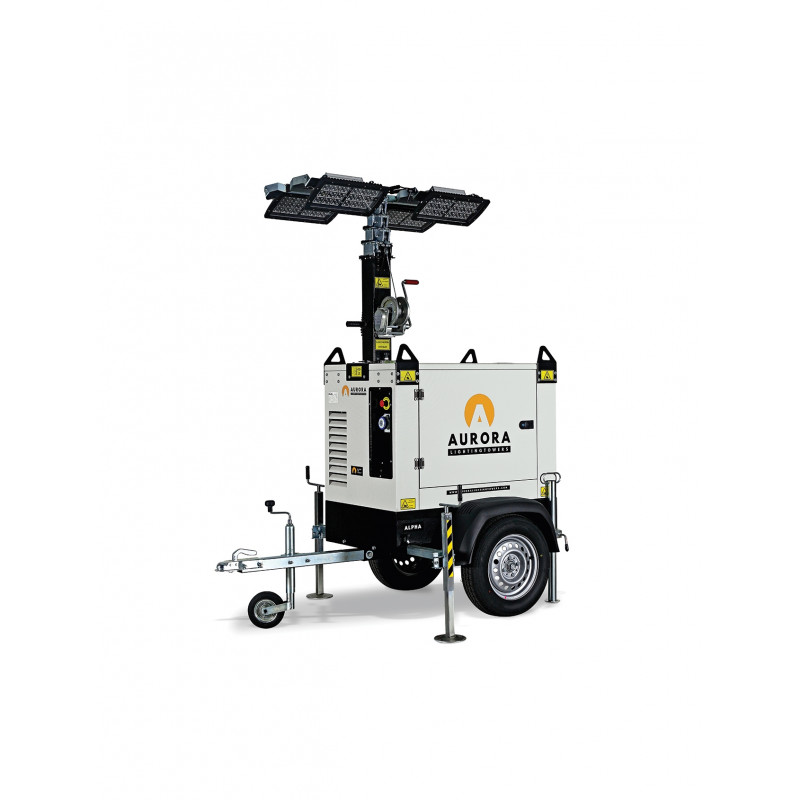 Tour d'éclairage mobile AURORA ALPHA Y-L-4X160-S - 4 LED 160W 3300 m², GE Yanmar Diesel 1500 rpm, H 8.5m levage manuel - SMGW