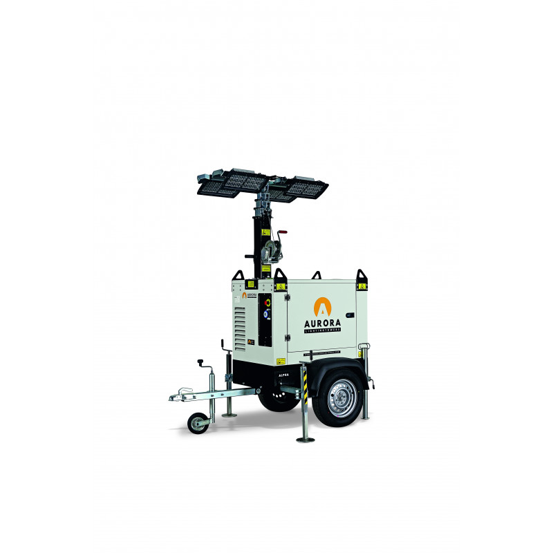 Tour d'éclairage tractable AURORA ALPHA K2-L-4X320-F - 4 LED 320W 5000 m² - GE Kholer 3000 rpm - H 8.5m levage manuel - SMGW