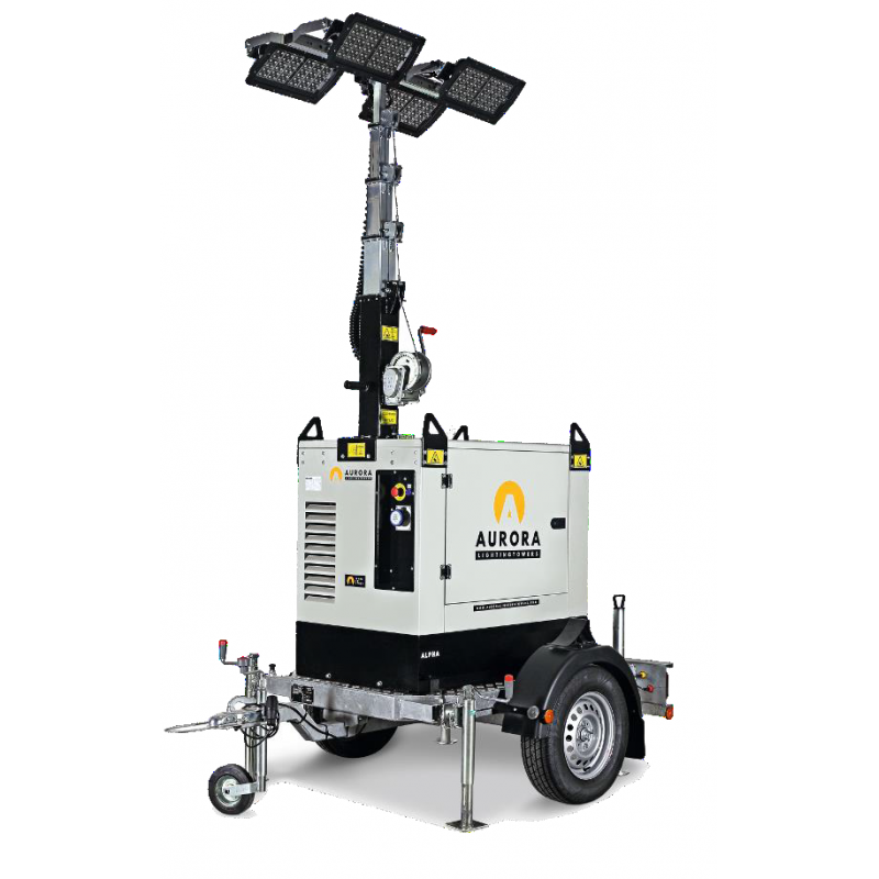 Tour d'éclairage tractable AURORA ALPHA K-L-4X320-F - 4 LED 320W 5000 m², GE Kolher Diesel 1500 rpm, H 8.5m levage manuel - SMGW