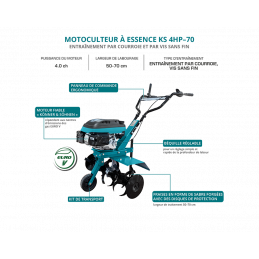 Motoculteur essence KS 4HP-70 - 5 CV - Labourage largeur 50/70 cm / profondeur ≤  27 cm - Könner & Shönen