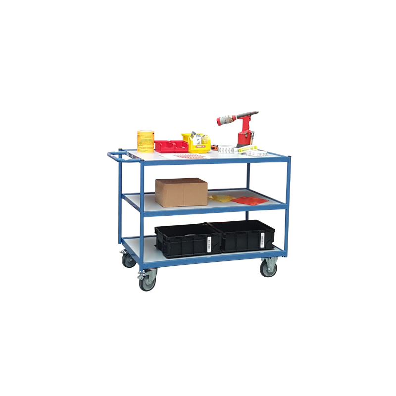 Trolley with 3 wooden shelves, single horizontal handle, 1000 x 600 mm, CU 250 kg - FIMM