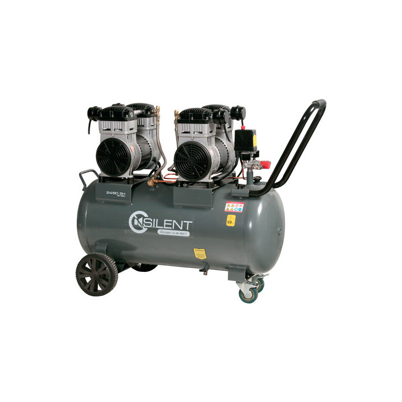 Silent electric air compressor 80 liters 2 x 1.5 hp - Silent Twin 24/80 SH - LACME